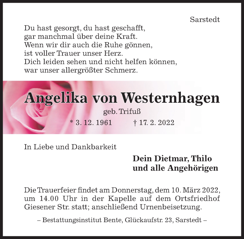  Traueranzeige für Angelika von Westernhagen vom 23.02.2022 aus Hildesheimer Allgemeine Zeitung