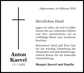 Traueranzeige von Anton Kaevel von Hildesheimer Allgemeine Zeitung