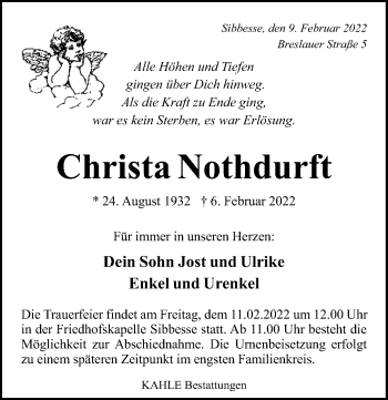 Traueranzeige von Christa Nothdurft von Hildesheimer Allgemeine Zeitung
