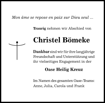 Traueranzeige von Christel Bömeke von Hildesheimer Allgemeine Zeitung