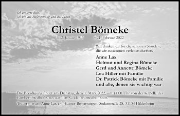 Traueranzeige von Christel Bömeke von Hildesheimer Allgemeine Zeitung