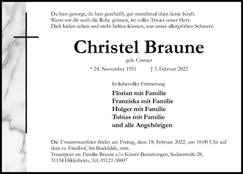 Traueranzeige von Christel Braune von Hildesheimer Allgemeine Zeitung