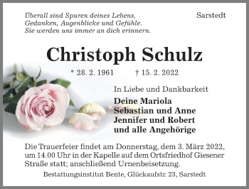 Traueranzeige von Christoph Schulz von Hildesheimer Allgemeine Zeitung