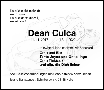 Traueranzeige von Dean Culca von Hildesheimer Allgemeine Zeitung