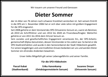 Traueranzeige von Dieter Sommer von Hildesheimer Allgemeine Zeitung