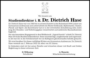 Traueranzeige von Dietrich Hase von Hildesheimer Allgemeine Zeitung