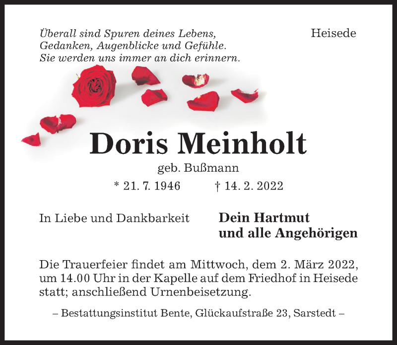  Traueranzeige für Doris Meinholt vom 16.02.2022 aus Hildesheimer Allgemeine Zeitung