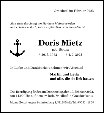 Traueranzeige von Doris Mietz von Hildesheimer Allgemeine Zeitung
