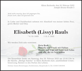 Traueranzeige von Elisabeth Rauls von Hildesheimer Allgemeine Zeitung