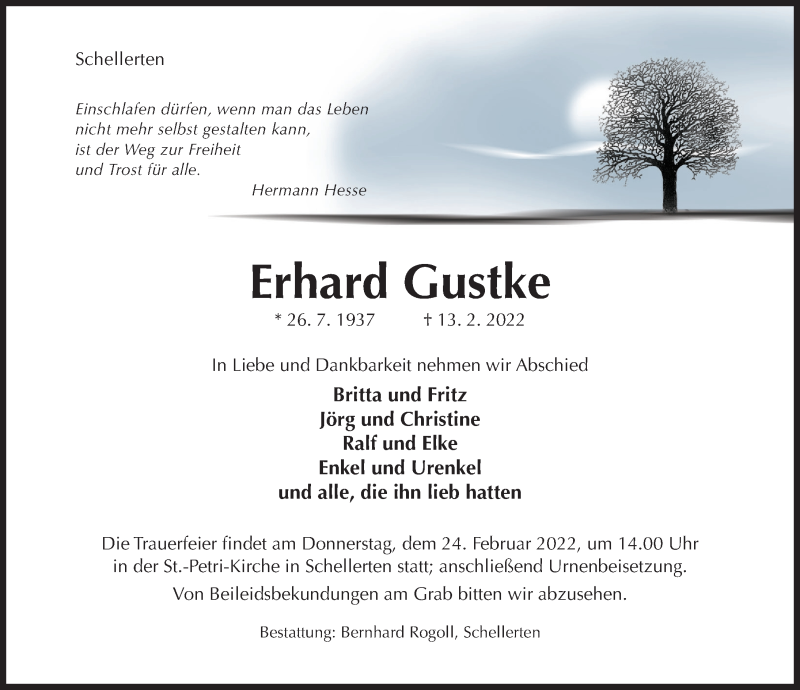  Traueranzeige für Erhard Gustke vom 17.02.2022 aus Hildesheimer Allgemeine Zeitung