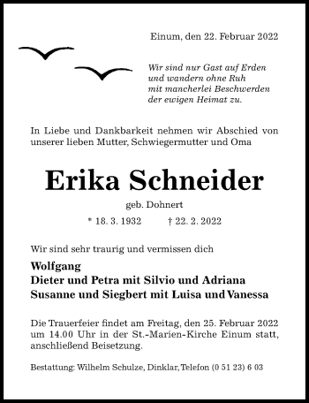 Traueranzeige von Erika Schneider von Hildesheimer Allgemeine Zeitung