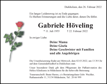 Traueranzeige von Gabriele Höveling von Hildesheimer Allgemeine Zeitung