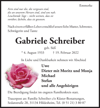 Traueranzeige von Gabriele Schreiber von Hildesheimer Allgemeine Zeitung