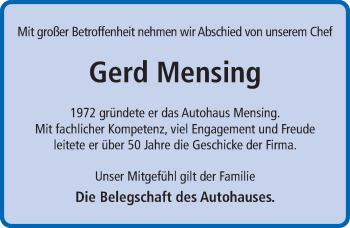 Traueranzeige von Gerd Mensing von Hildesheimer Allgemeine Zeitung