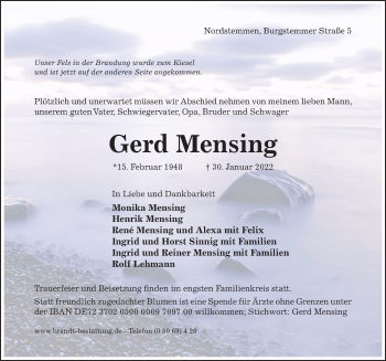 Traueranzeige von Gerd Mensing von Hildesheimer Allgemeine Zeitung