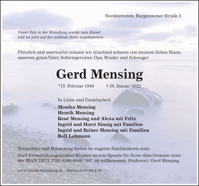  Traueranzeige für Gerd Mensing vom 05.02.2022 aus Hildesheimer Allgemeine Zeitung