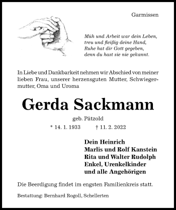 Traueranzeige von Gerda Sackmann von Hildesheimer Allgemeine Zeitung