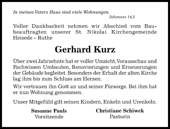 Traueranzeige von Gerhard Kurz von Hildesheimer Allgemeine Zeitung