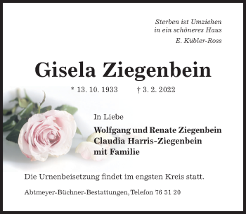 Traueranzeige von Gisela Ziegenbein von Hildesheimer Allgemeine Zeitung