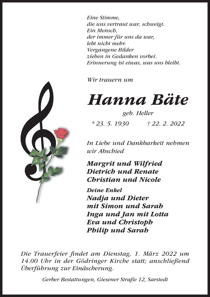  Traueranzeige für Hanna Bäte vom 26.02.2022 aus Hildesheimer Allgemeine Zeitung