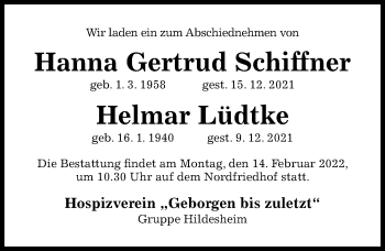 Traueranzeige von Hanna Gertrud Schiffner von Hildesheimer Allgemeine Zeitung