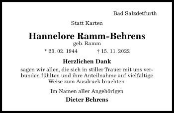 Traueranzeige von Hannelore Ramm-Behrens von Hildesheimer Allgemeine Zeitung