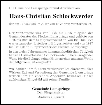 Traueranzeige von Hans-Christian Schlockwerder von Hildesheimer Allgemeine Zeitung