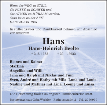 Traueranzeige von Hans-Heinrich Beelte von Hildesheimer Allgemeine Zeitung