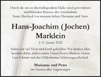 Traueranzeige von Hans-Joachim Marklein von Hildesheimer Allgemeine Zeitung