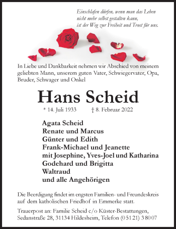 Traueranzeige von Hans Scheid von Hildesheimer Allgemeine Zeitung