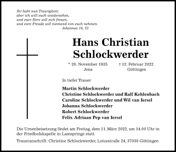 Traueranzeige von Hans Christian Schlockwerder von Hildesheimer Allgemeine Zeitung