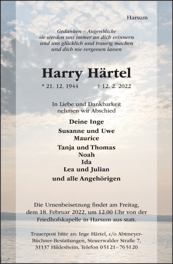 Traueranzeige von Harry Härtel von Hildesheimer Allgemeine Zeitung