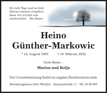 Traueranzeige von Heino Günther-Markowic von Hildesheimer Allgemeine Zeitung