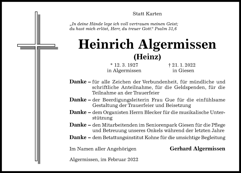  Traueranzeige für Heinrich Algermissen vom 12.02.2022 aus Hildesheimer Allgemeine Zeitung