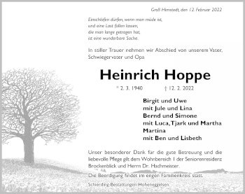 Traueranzeige von Heinrich Hoppe von Hildesheimer Allgemeine Zeitung