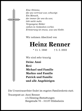 Traueranzeige von Heinz Renner von Hildesheimer Allgemeine Zeitung