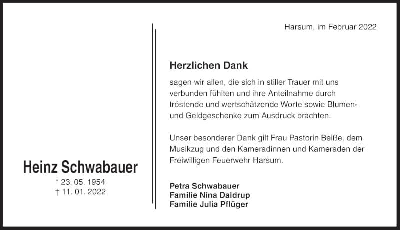  Traueranzeige für Heinz Schwabauer vom 19.02.2022 aus Hildesheimer Allgemeine Zeitung