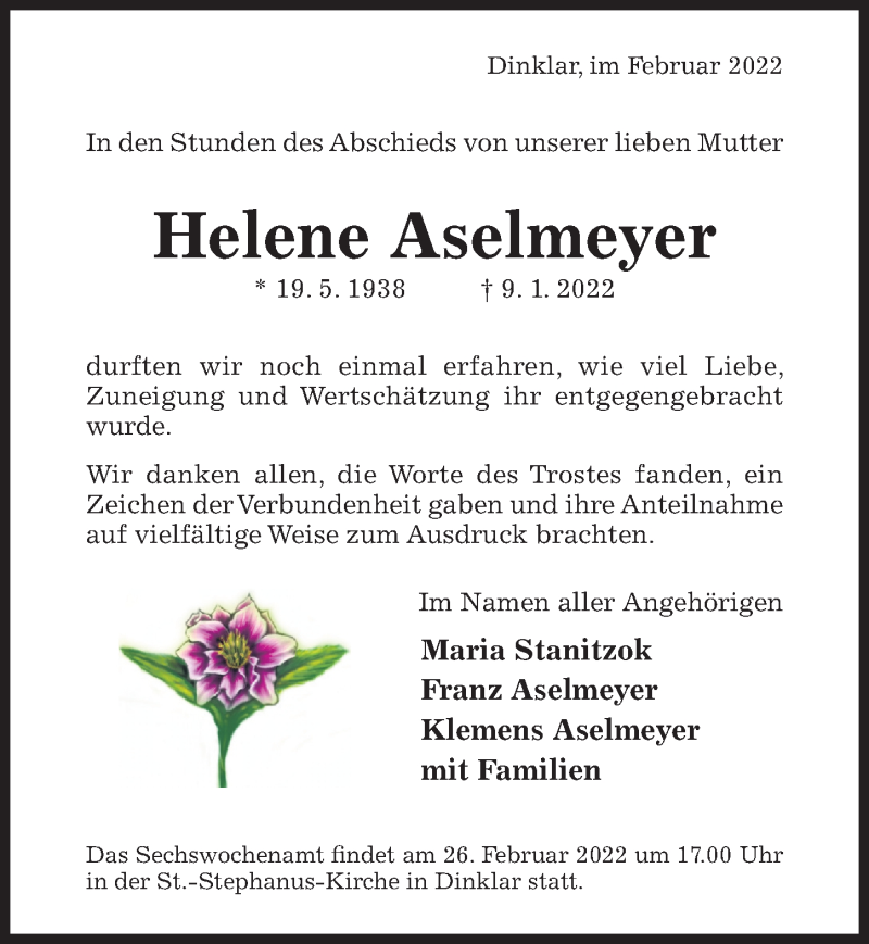  Traueranzeige für Helene  Aselmeyer vom 26.02.2022 aus Hildesheimer Allgemeine Zeitung