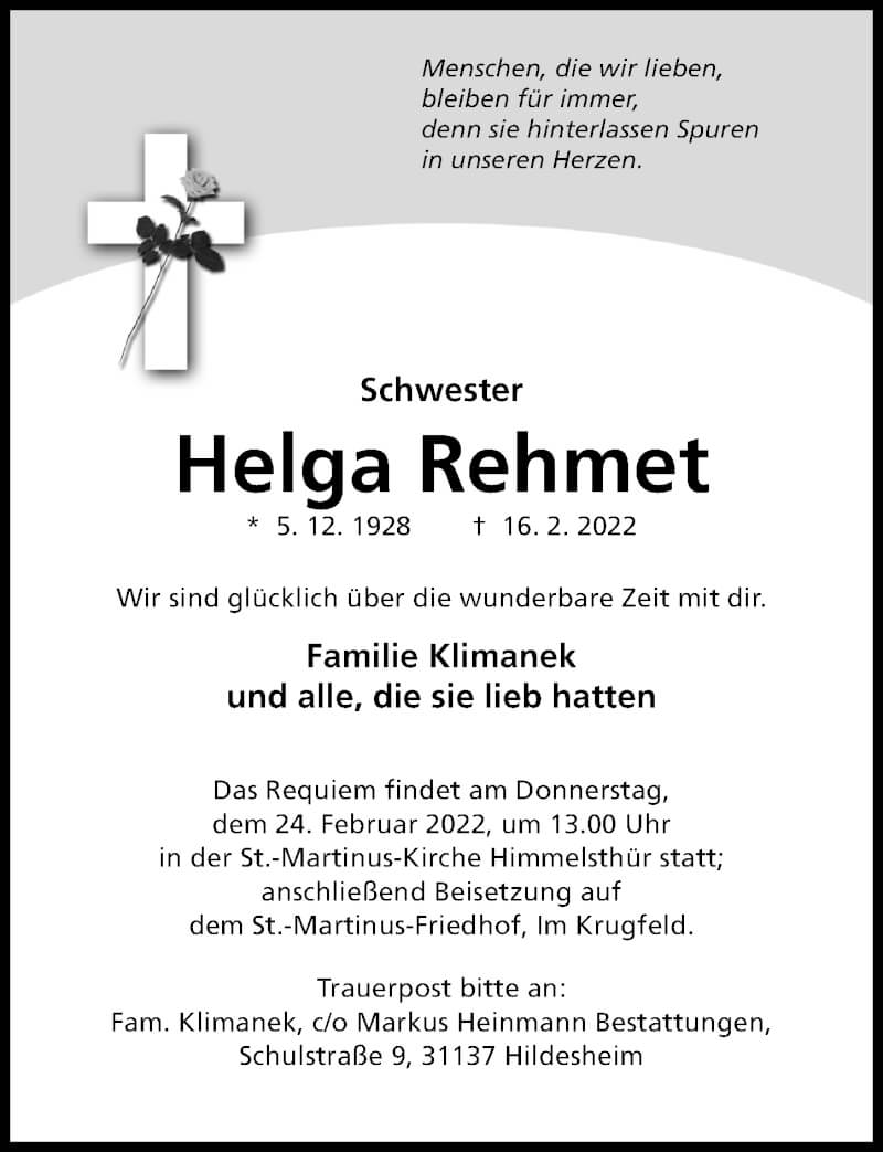  Traueranzeige für Helga Rehmet vom 19.02.2022 aus Hildesheimer Allgemeine Zeitung