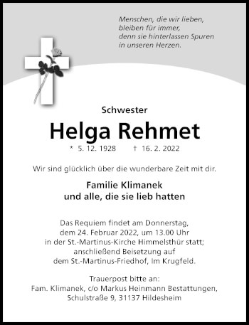 Traueranzeige von Helga Rehmet von Hildesheimer Allgemeine Zeitung