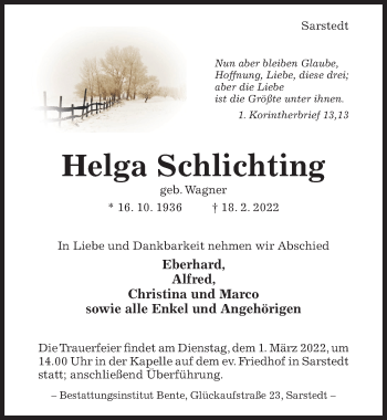 Traueranzeige von Helga Schlichting von Hildesheimer Allgemeine Zeitung