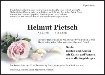 Traueranzeige von Helmut Pietsch von Hildesheimer Allgemeine Zeitung