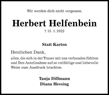 Traueranzeige von Herbert Helfenbein von Hildesheimer Allgemeine Zeitung