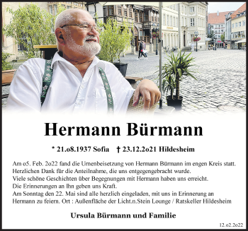 Traueranzeige von Hermann Bürmann von Hildesheimer Allgemeine Zeitung