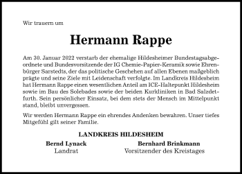Traueranzeige von Hermann Rappe von Hildesheimer Allgemeine Zeitung