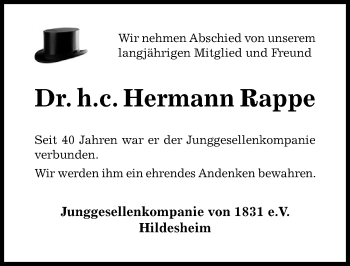 Traueranzeige von Hermann Rappe von Hildesheimer Allgemeine Zeitung