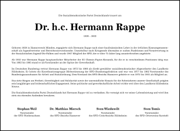 Traueranzeige von Hermann Rappe von Hildesheimer Allgemeine Zeitung