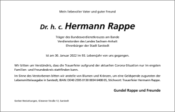Traueranzeige von Hermann Rappe von Hildesheimer Allgemeine Zeitung