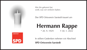 Traueranzeige von Hermann Rappe von Hildesheimer Allgemeine Zeitung