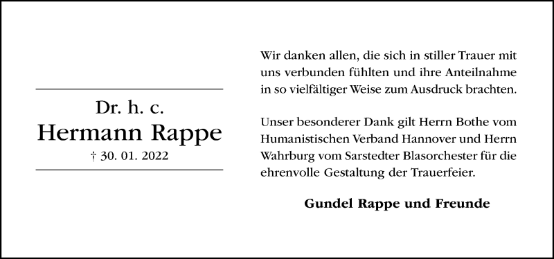  Traueranzeige für Hermann Rappe vom 26.02.2022 aus Hildesheimer Allgemeine Zeitung